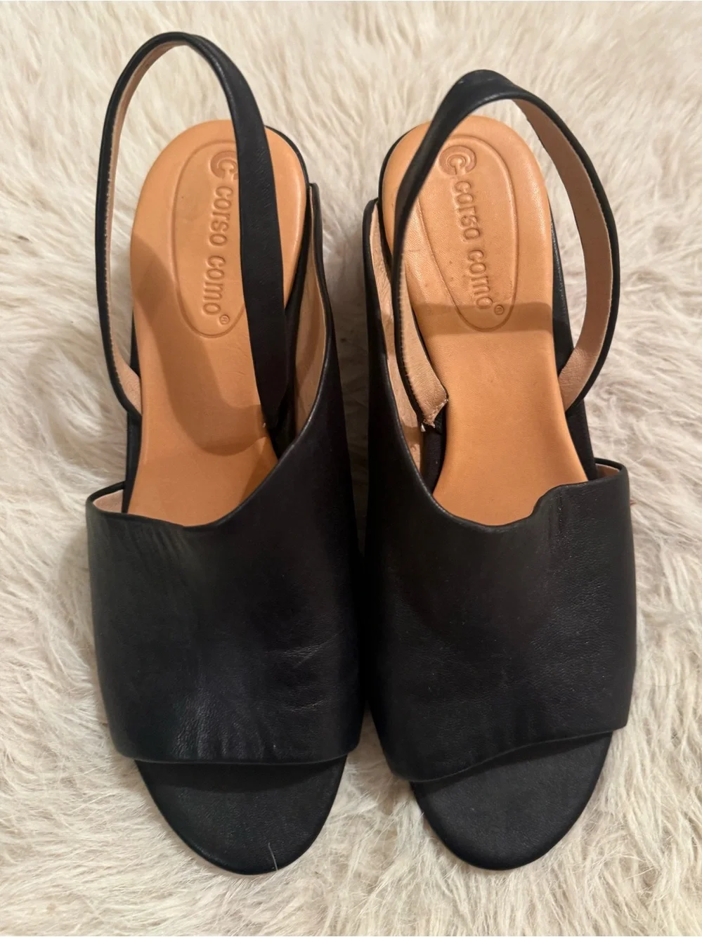 NWOT Cordova Como Leather Mirrored Wedge Sling Backs Black Sz 7.5